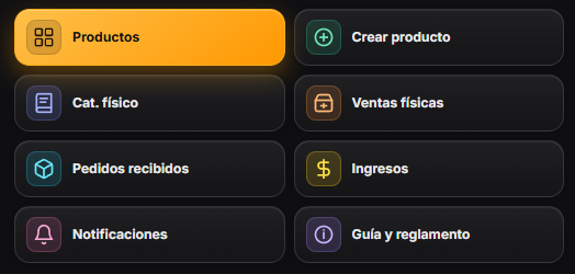 Pestañas del Panel Artista: Productos, Crear producto, Cat. físico, Ventas físicas, Pedidos recibidos, Ingresos, Notificaciones y Guía y reglamento